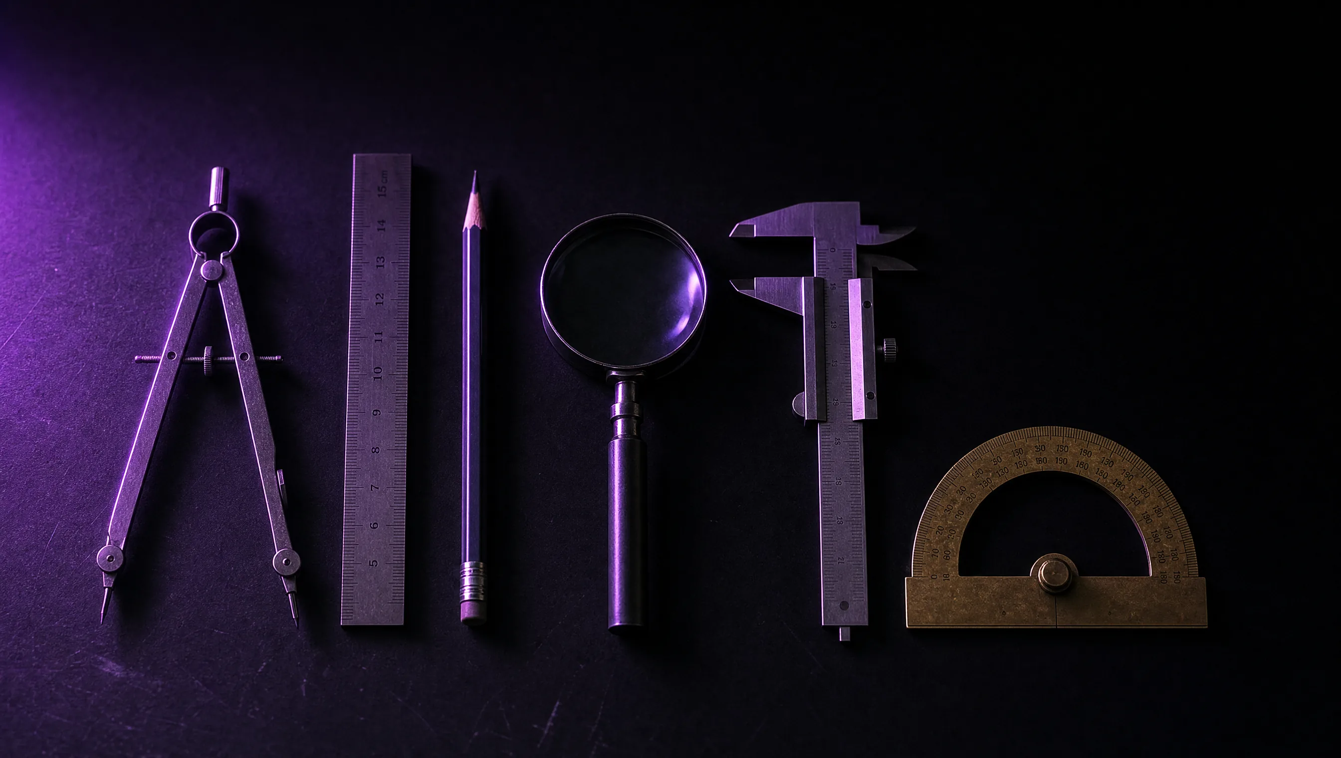 Six precision design instruments arranged in a row on a matte black workbench, each catching violet rim light
