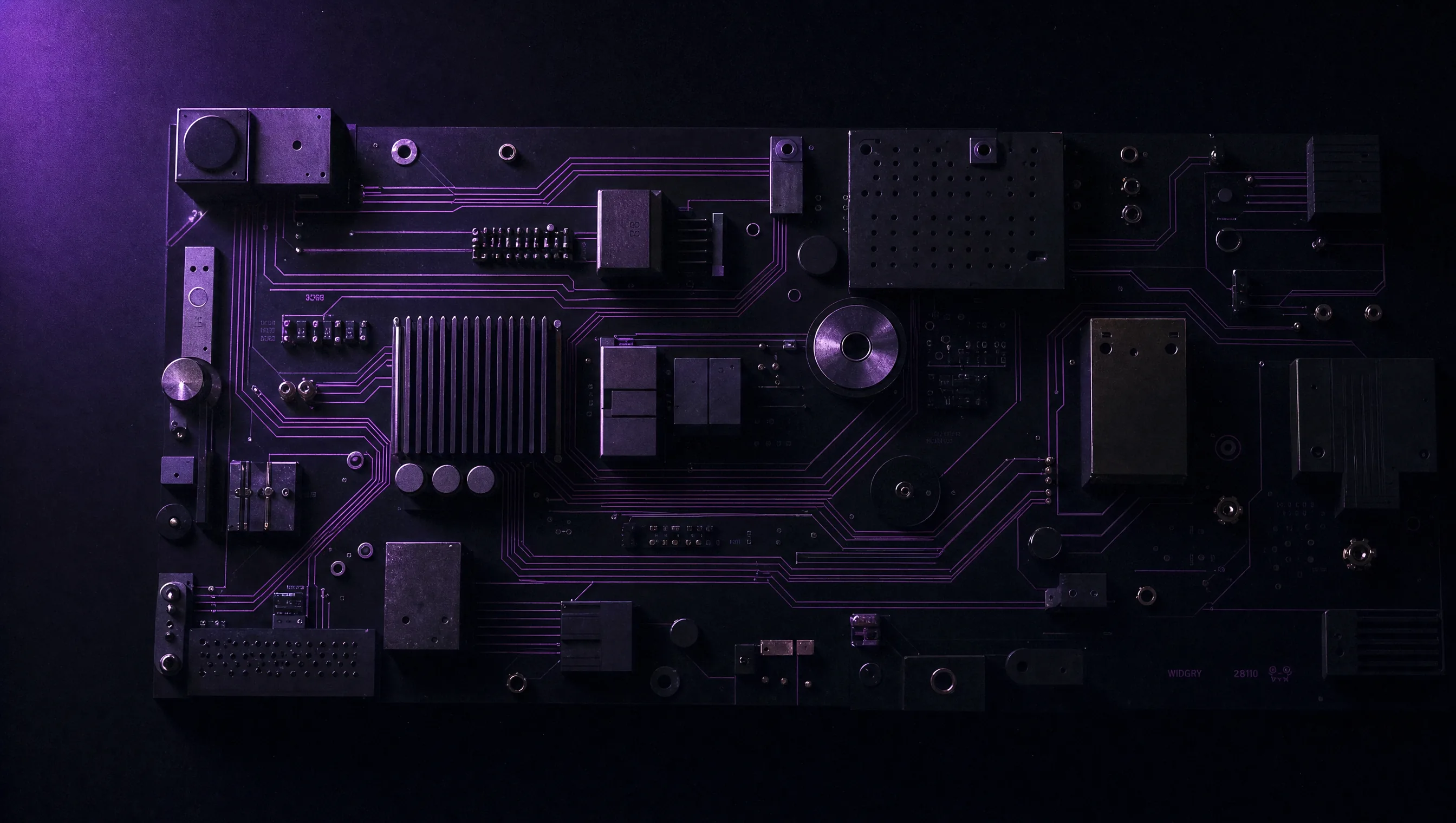 Industrial circuit board with thin violet neon trace lines connecting precision metal nodes in a brutalist pattern