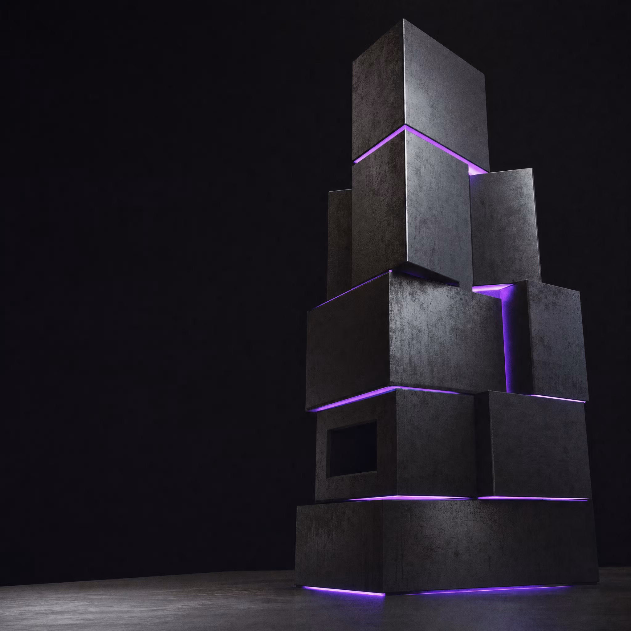 Stacked modular metal blocks with thin violet neon lines between joints