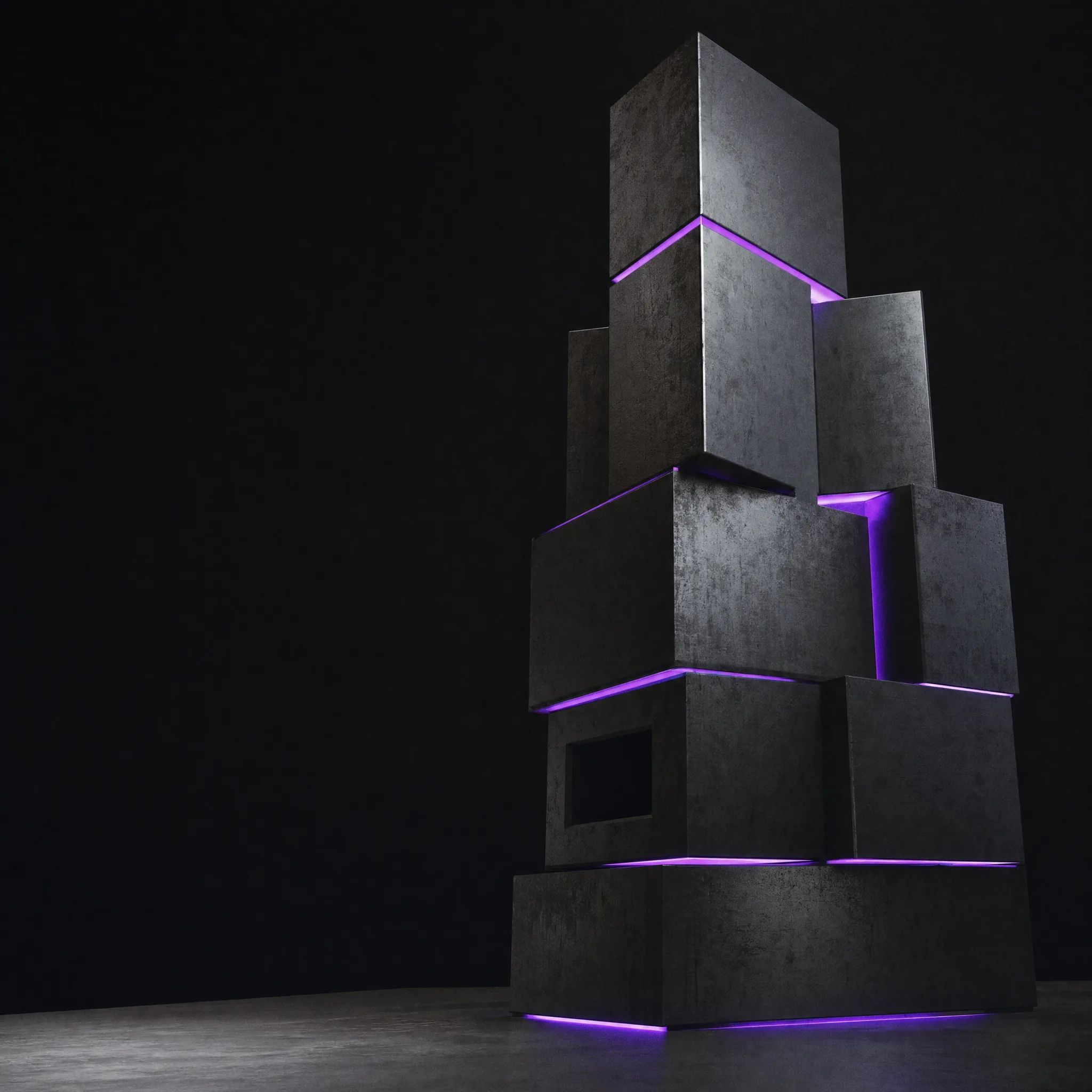 Stacked modular metal blocks with thin violet neon lines between joints