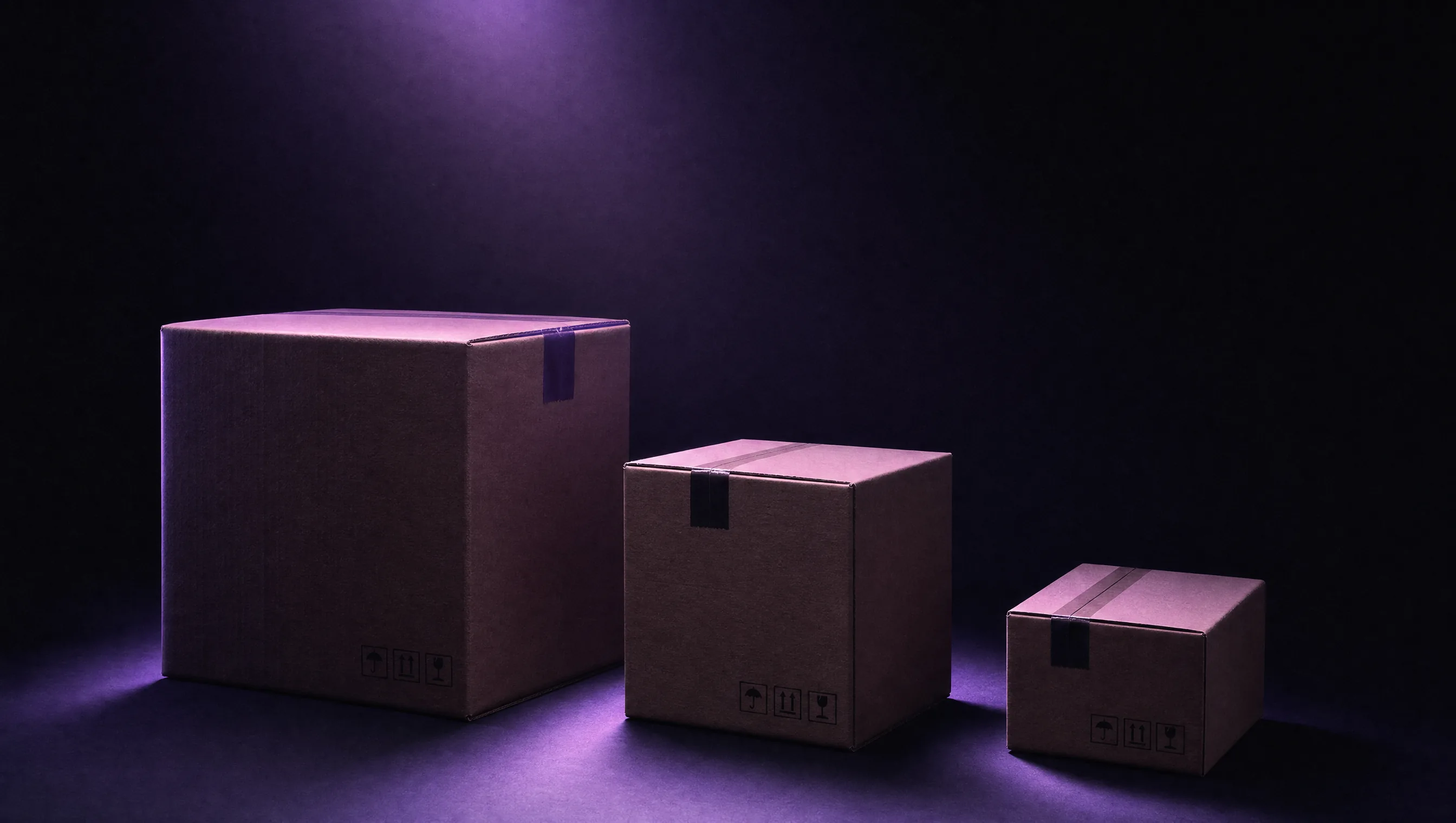 Three cardboard shipping boxes lined up on a matte black surface, each haloed by a soft violet beam from above