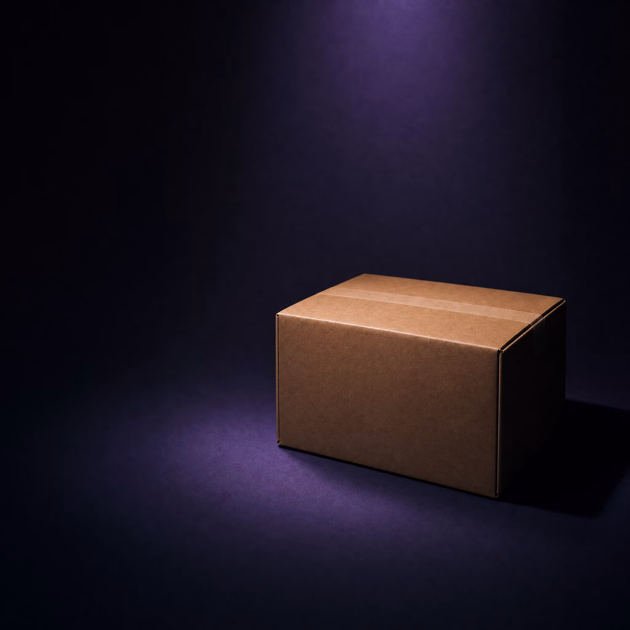 A single shipping box lit by a violet beam against a black background