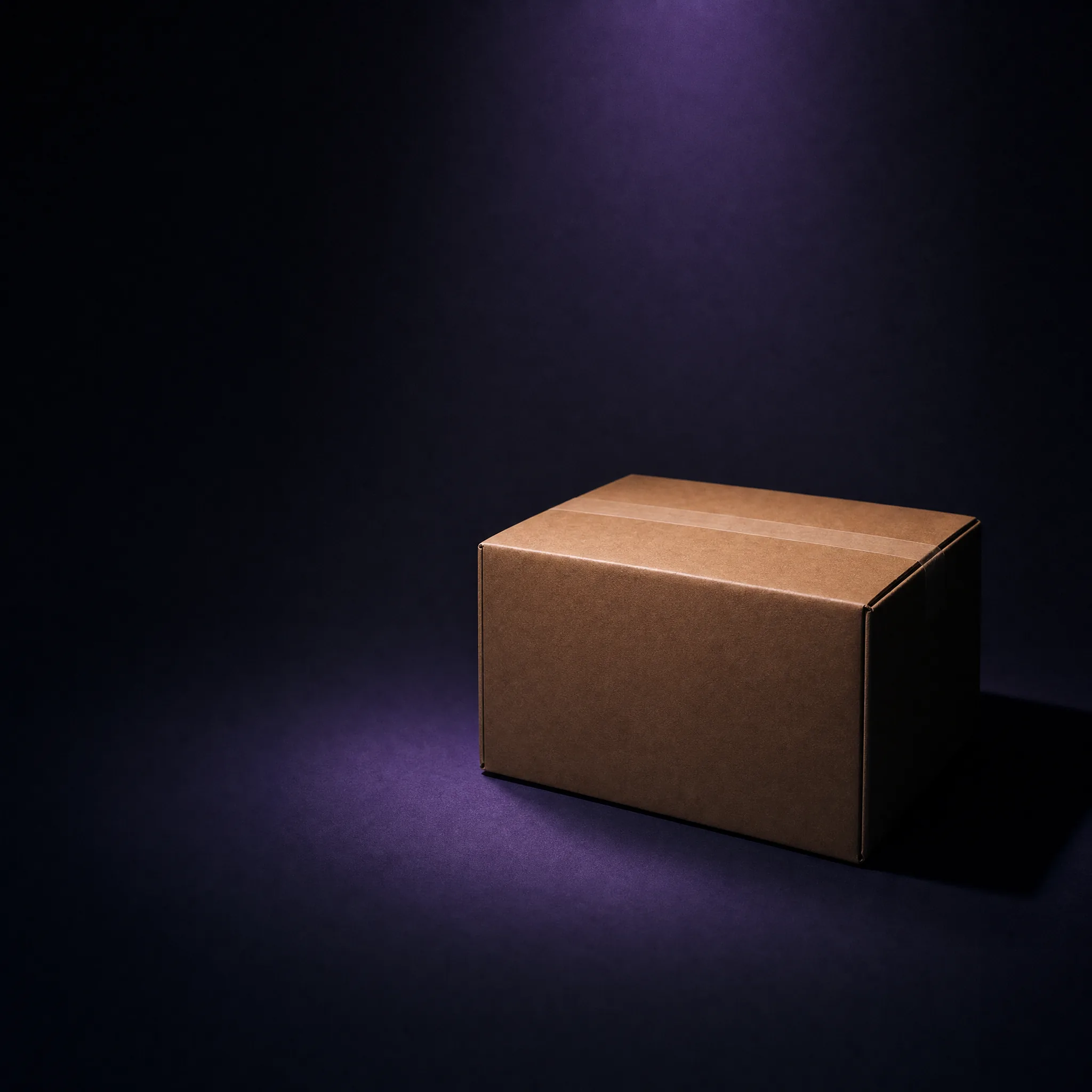 A single shipping box lit by a violet beam against a black background