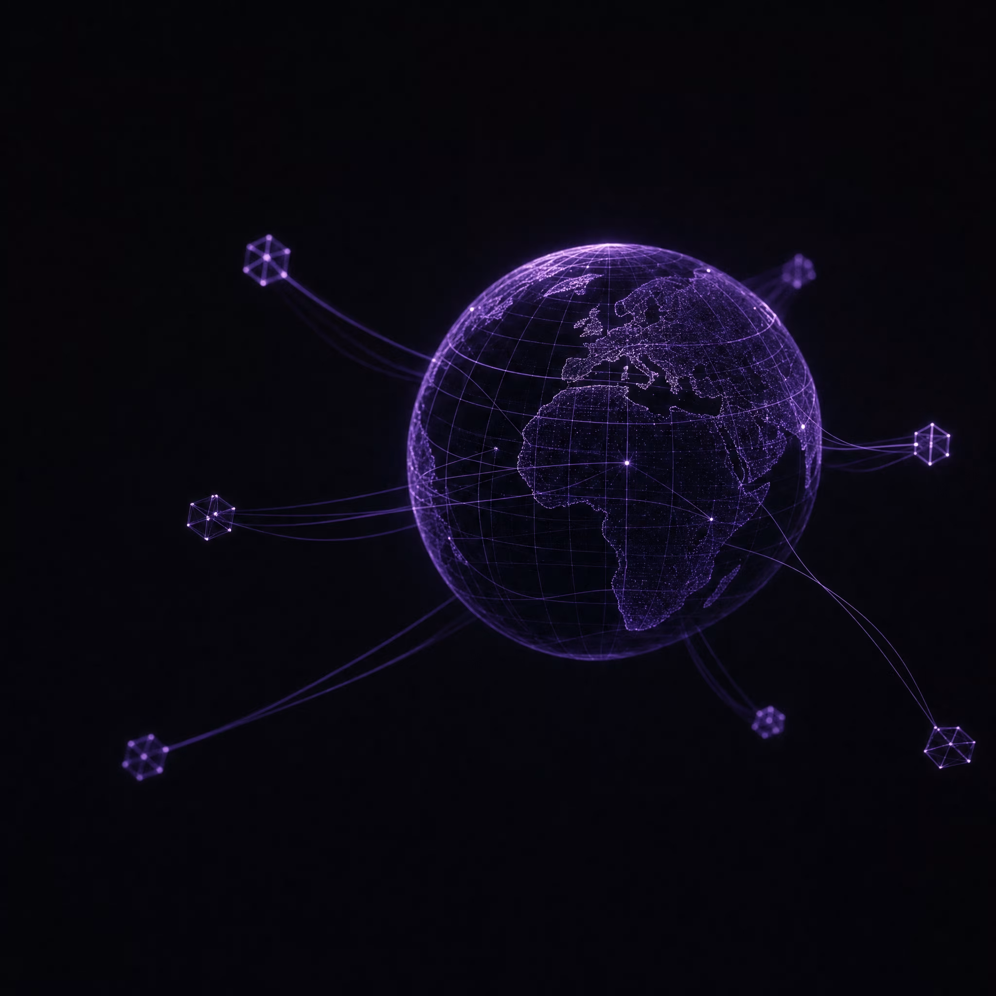Glowing violet wireframe globe connected to floating edge nodes in deep black space