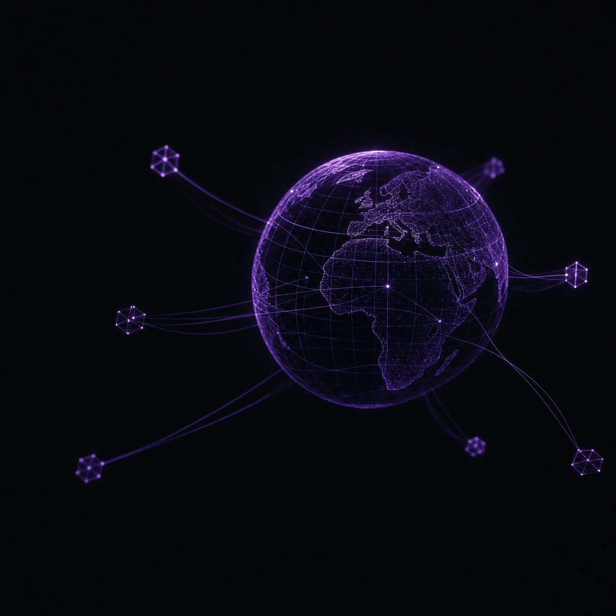 Glowing violet wireframe globe connected to floating edge nodes in deep black space