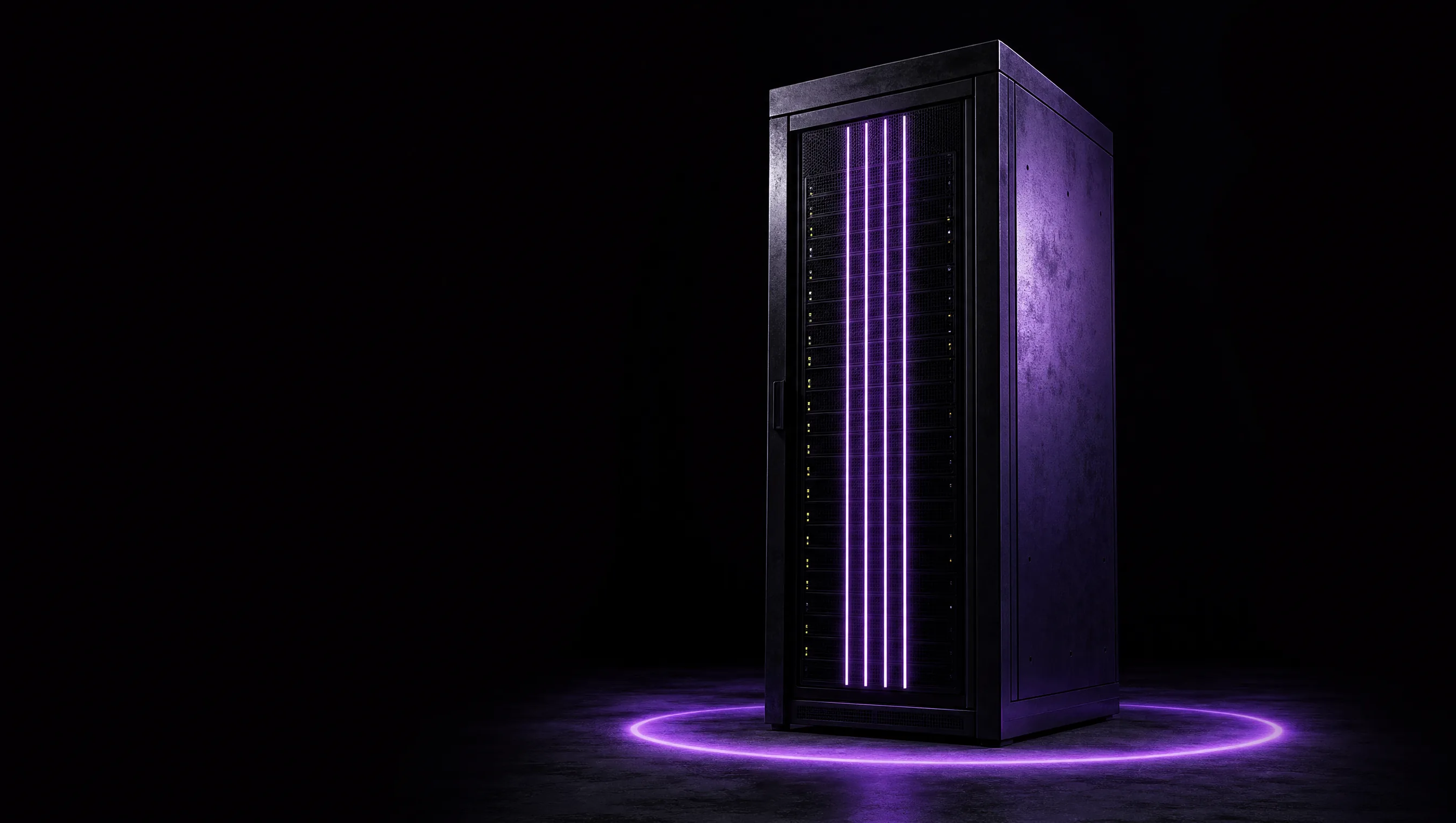 A brutalist server rack standing in deep black space with thin violet neon lines down the front panel