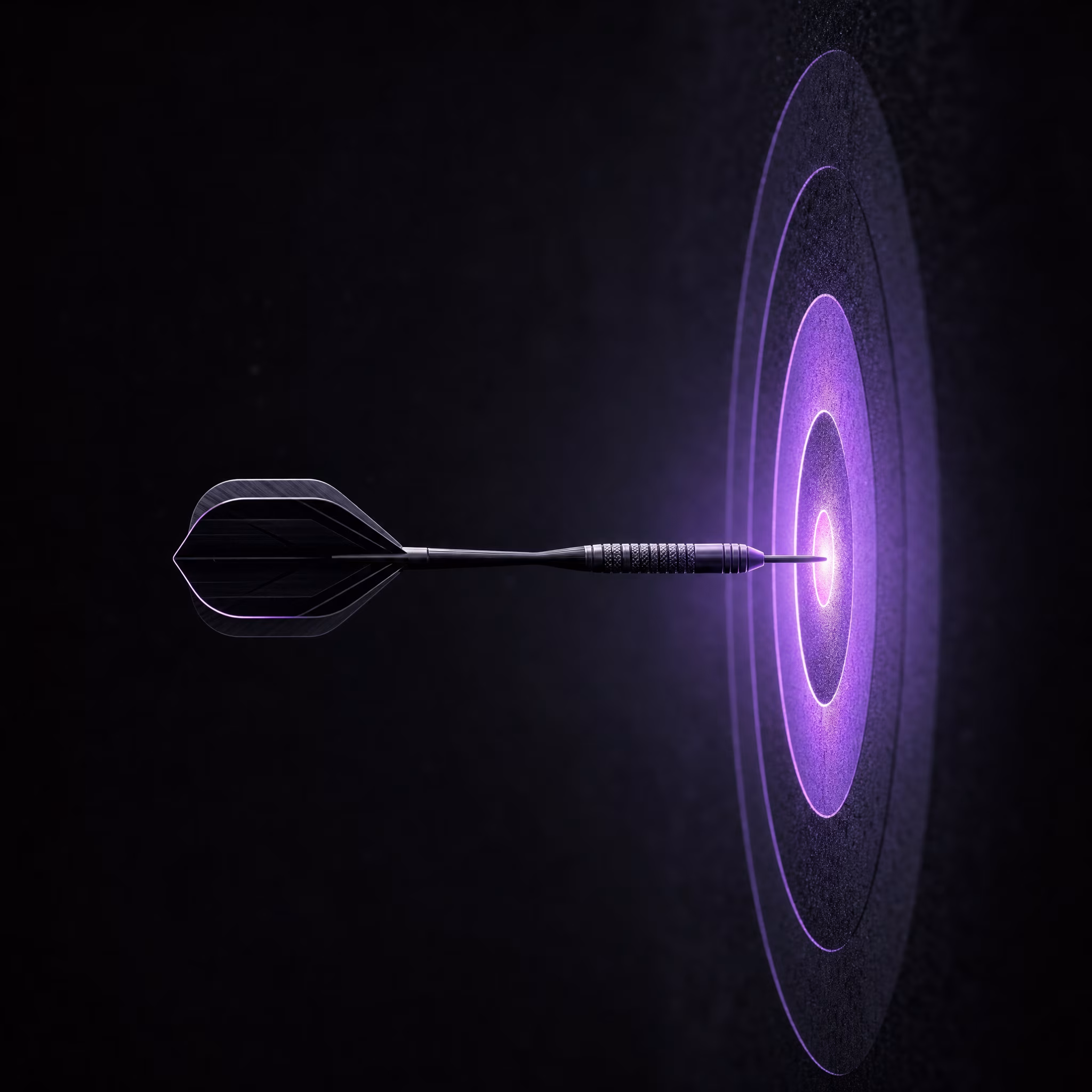 A single dart embedded dead-centre in a glowing violet bullseye target