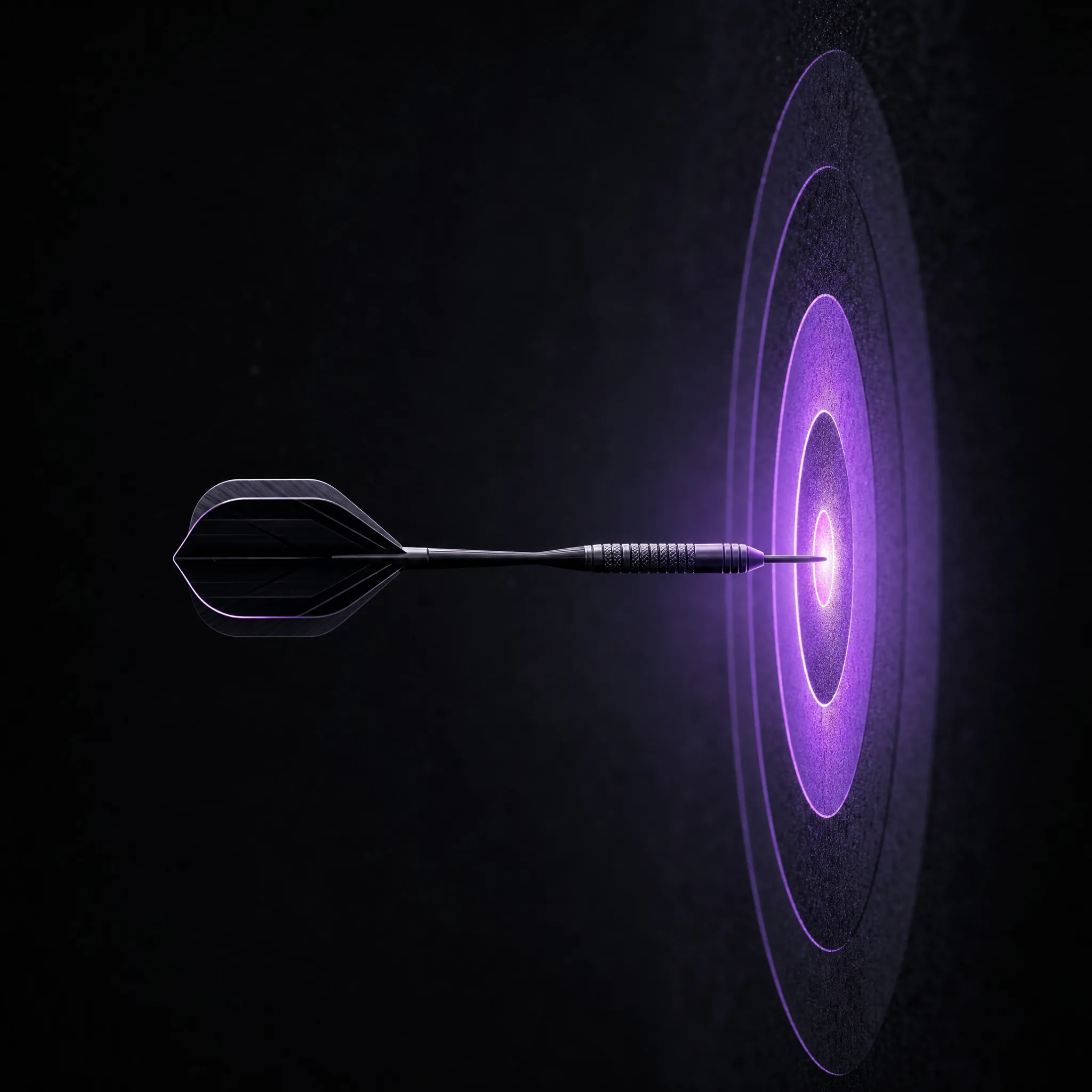 A single dart embedded dead-centre in a glowing violet bullseye target