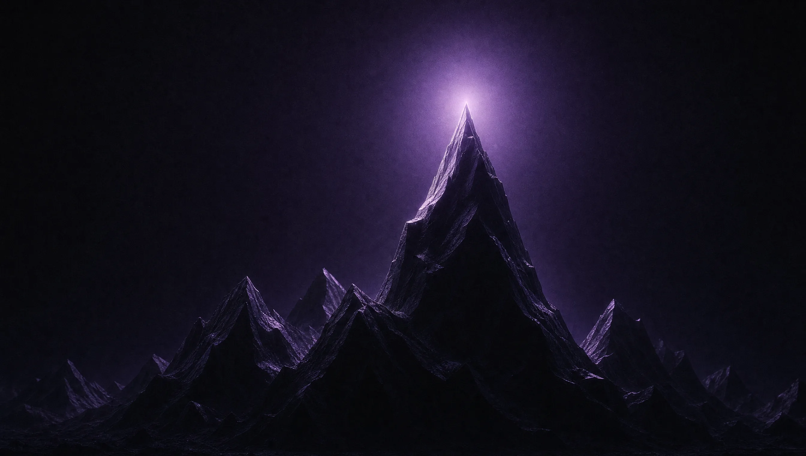 A range of geometric obsidian peaks with one rising dramatically higher, crowned by a violet halo of light