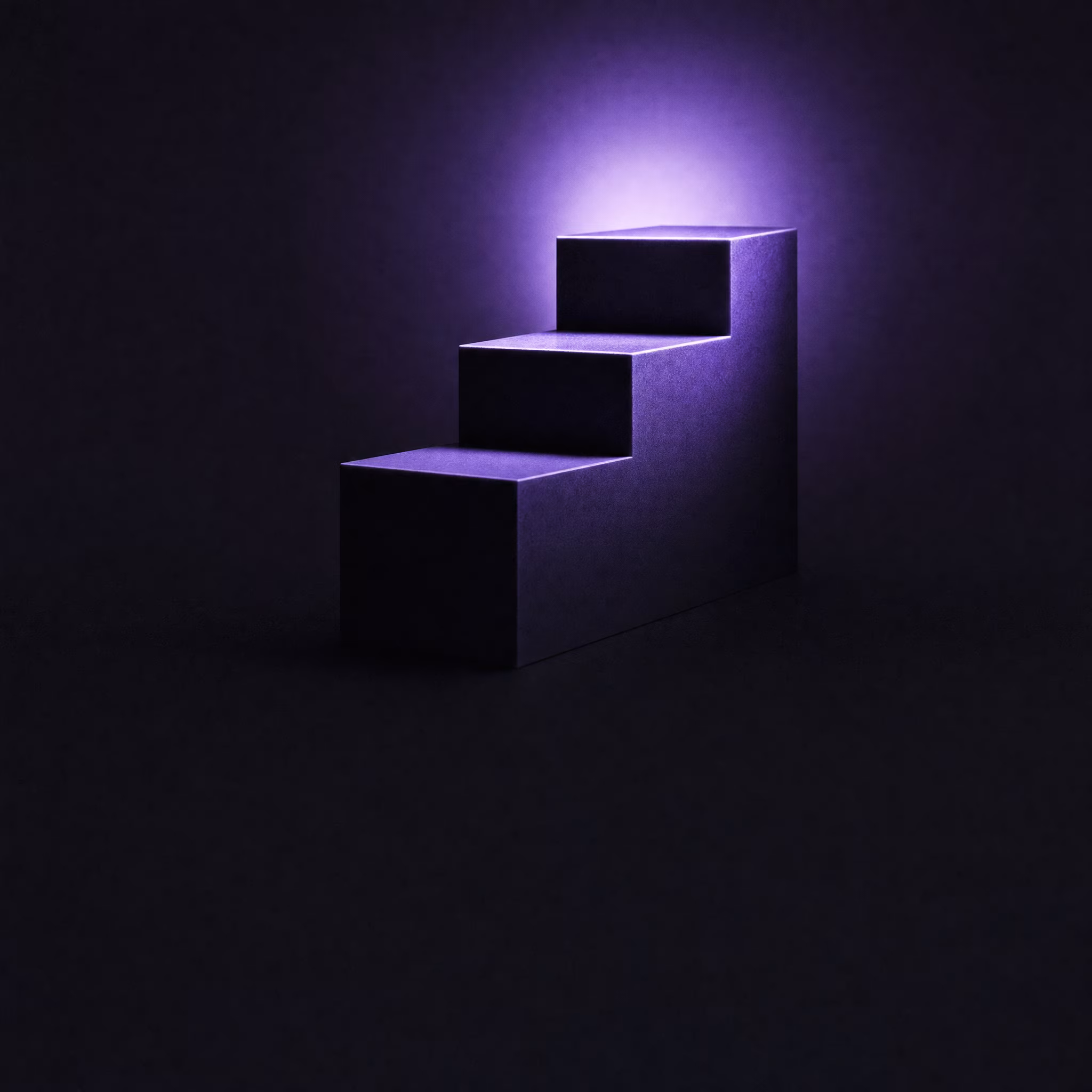 Minimal stepped platform ascending toward a glowing violet halo on a black backdrop