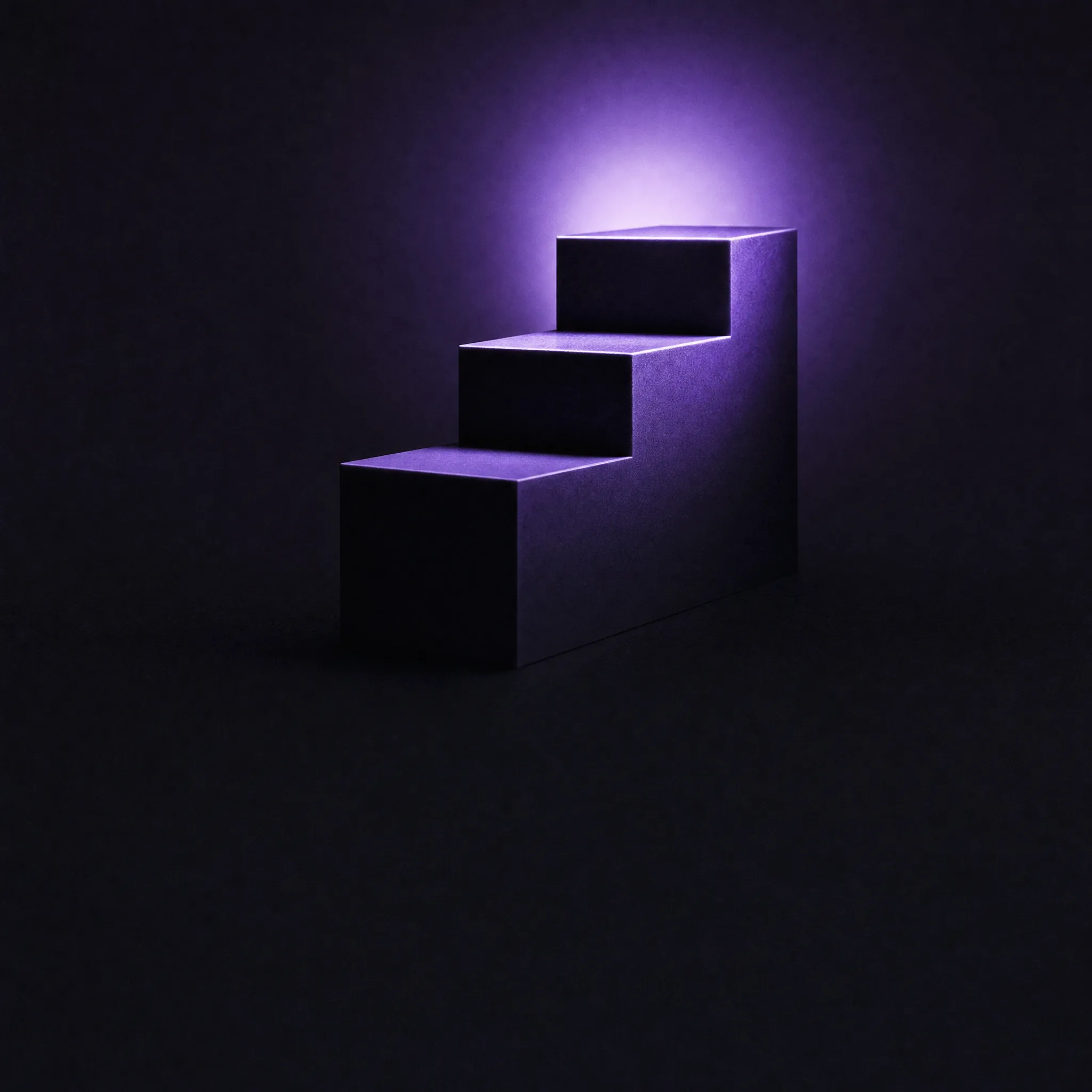 Minimal stepped platform ascending toward a glowing violet halo on a black backdrop