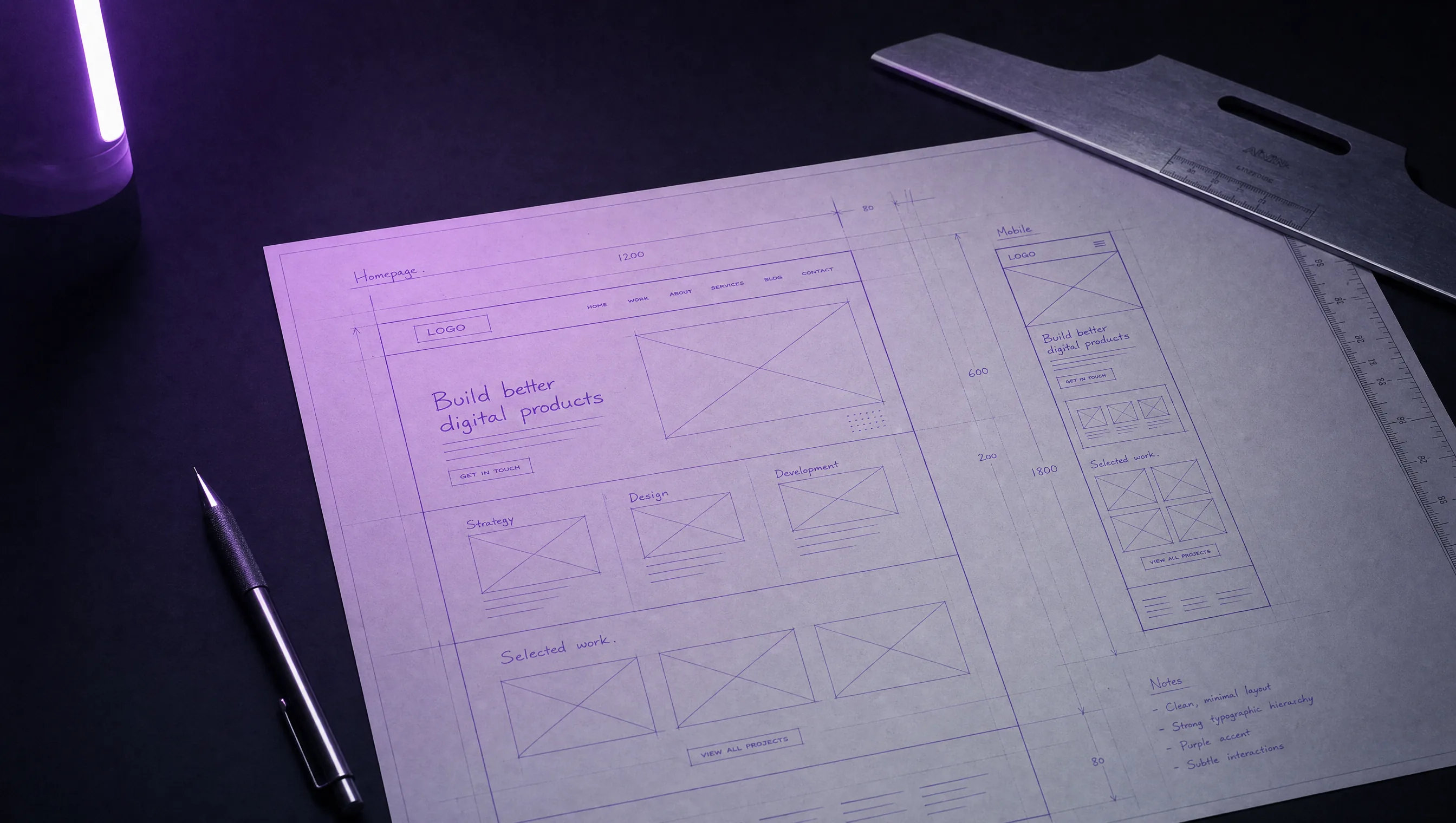 An architect blueprint of a website wireframe in violet ink under a t-square ruler on a black surface