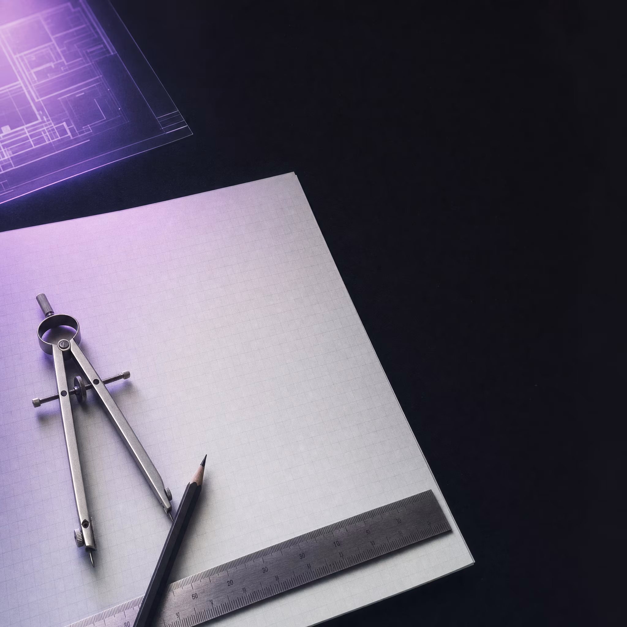 Drafting tools and graph paper bathed in violet studio light on a deep matte black desk