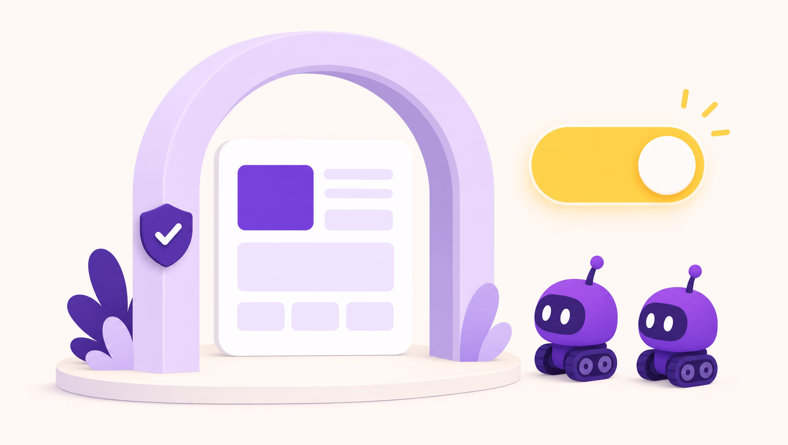 Flat vector illustration of a white website card under a lilac archway with a violet shield, a large yellow toggle switch turned on, and two small violet crawler robots waiting outside