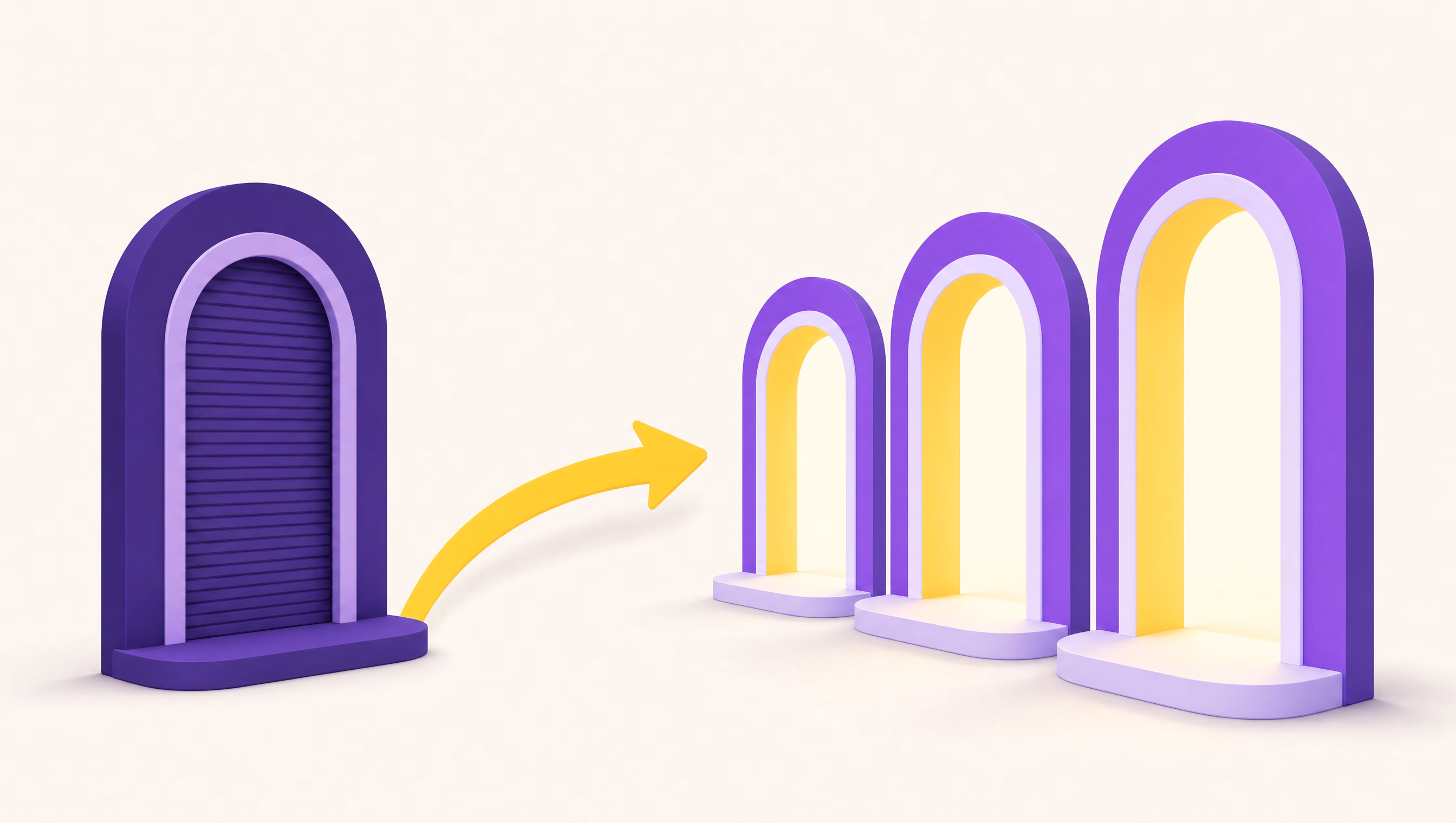Flat vector illustration of a closed shuttered violet doorway with a yellow arrow curving toward three open glowing doorways
