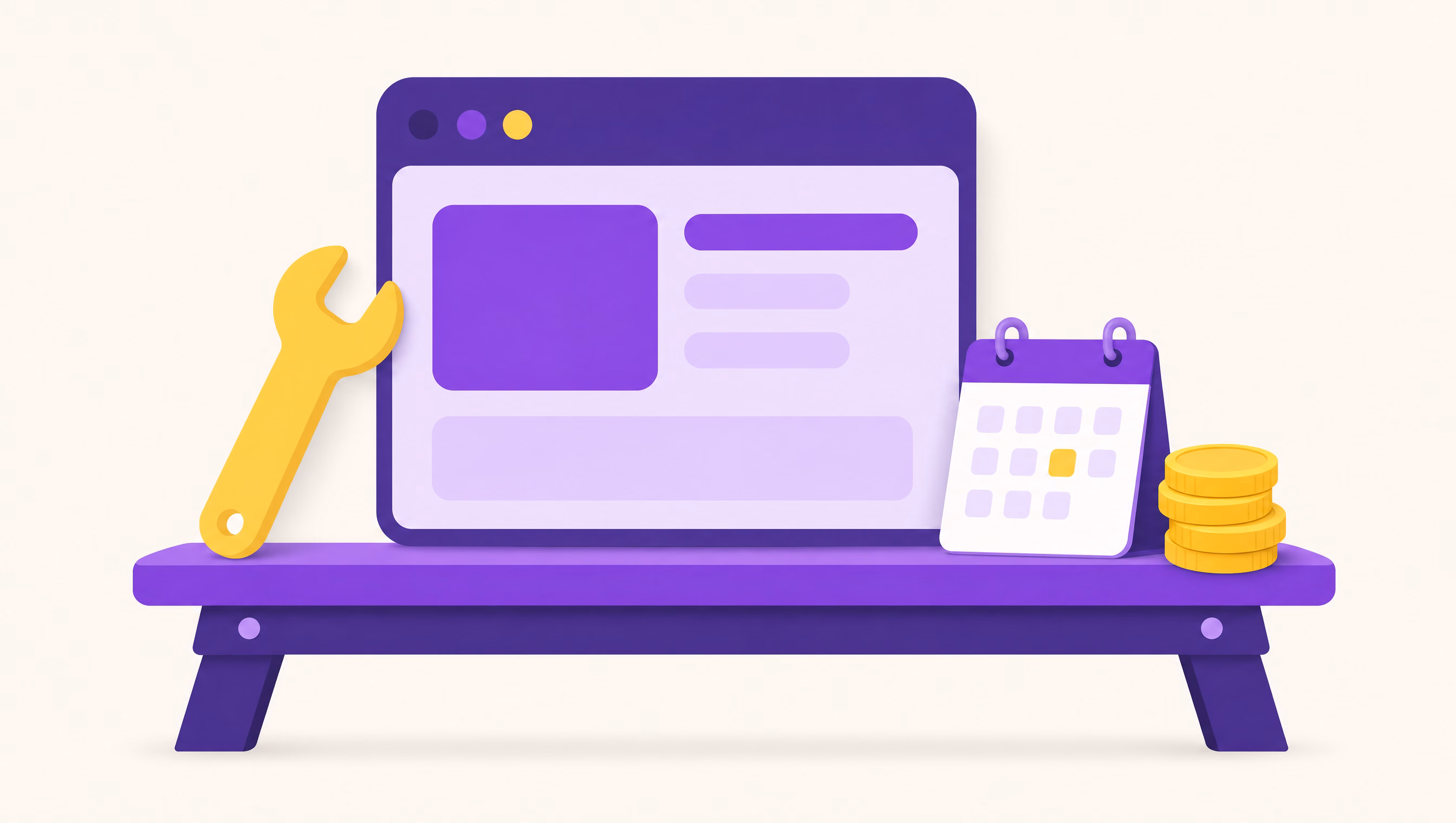 Flat vector illustration of a violet browser window on a workbench with a yellow wrench, a small calendar and stacked coins beside it