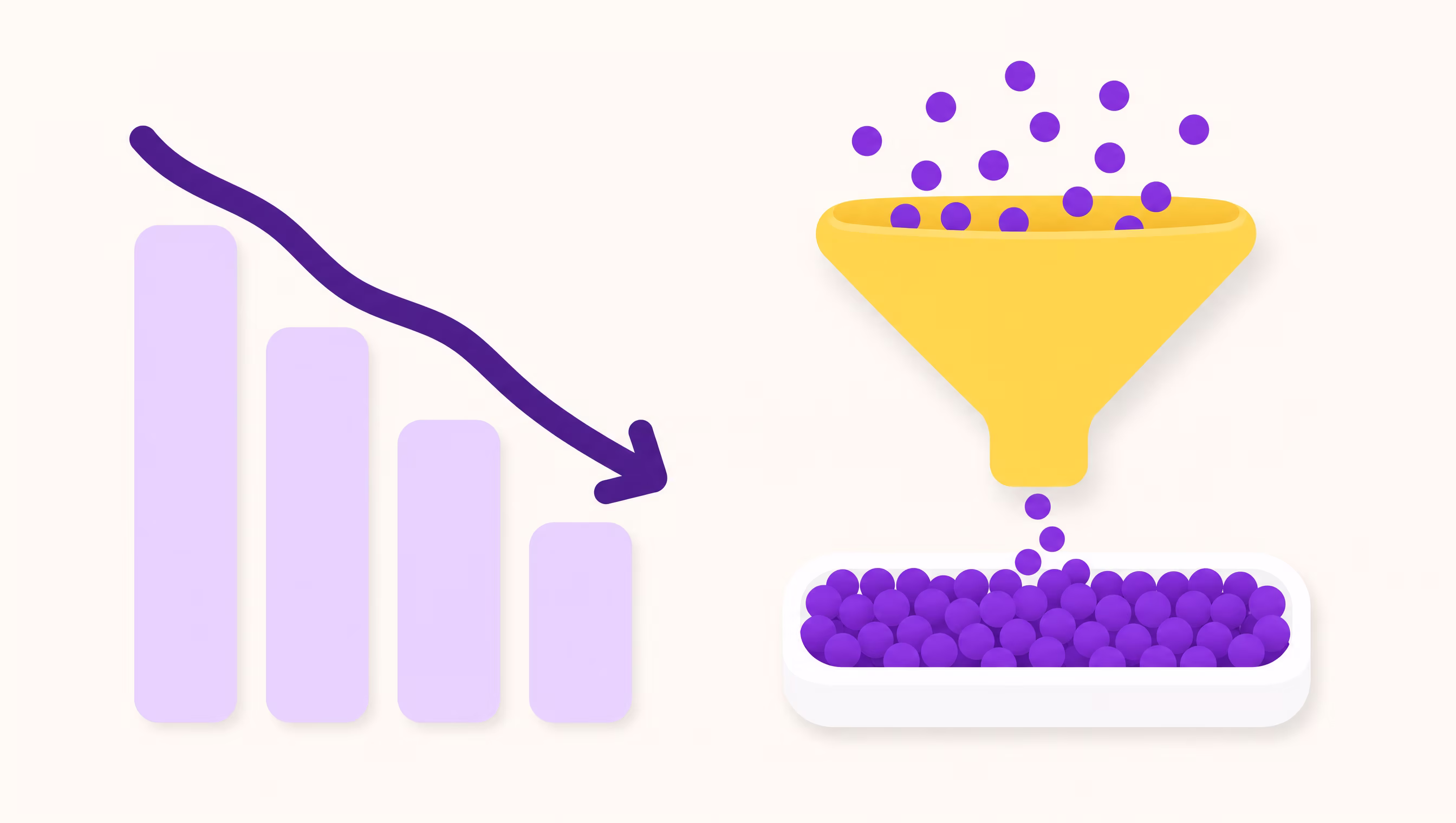 Flat vector illustration of a violet line chart sloping downward beside a bold yellow funnel catching violet dots and filling a white tray