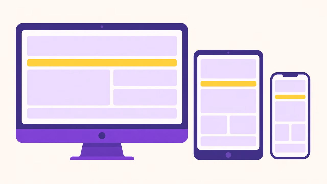 Flat vector illustration of a desktop monitor, tablet, and smartphone each showing the same webpage layout adapted to its screen size