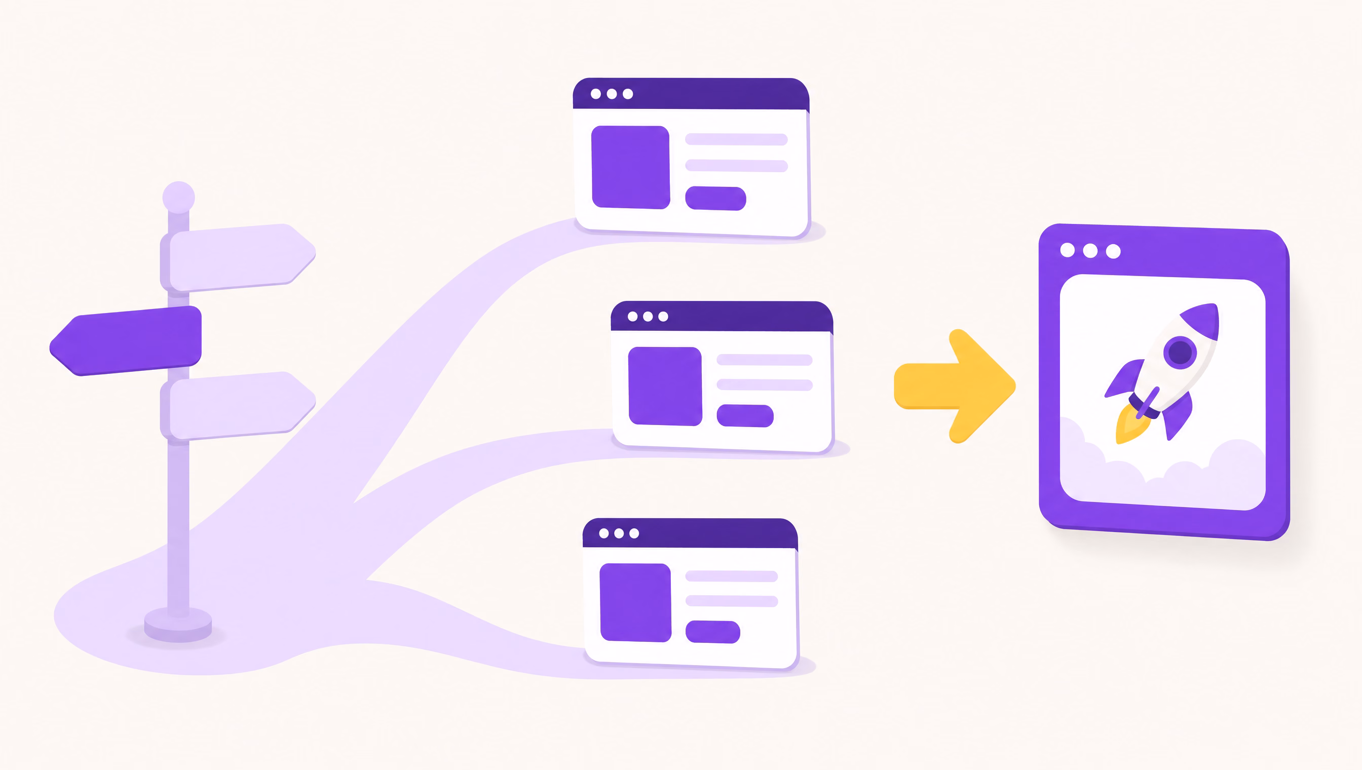 Flat vector illustration of three violet website cards on paths branching from a lilac signpost with a yellow arrow pointing to a fast rocket card